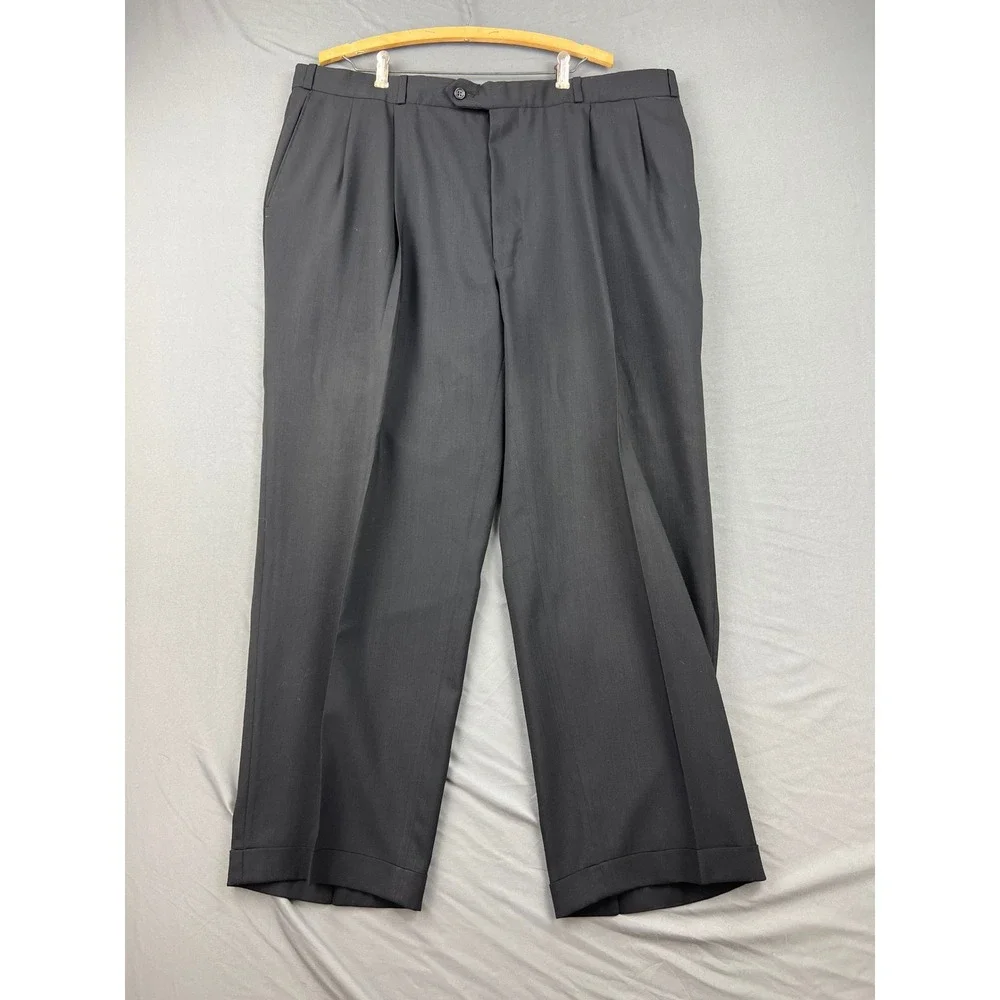 Pronto Uomo Suit Mens 48R 44W Black Worsted Wool 2PC Blazer Pleated Pants Good
